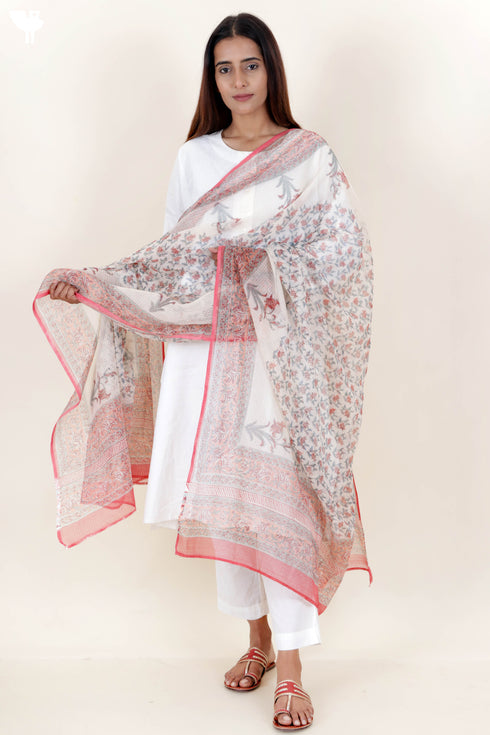 Kota Doria Dupatta With Floral Block Print